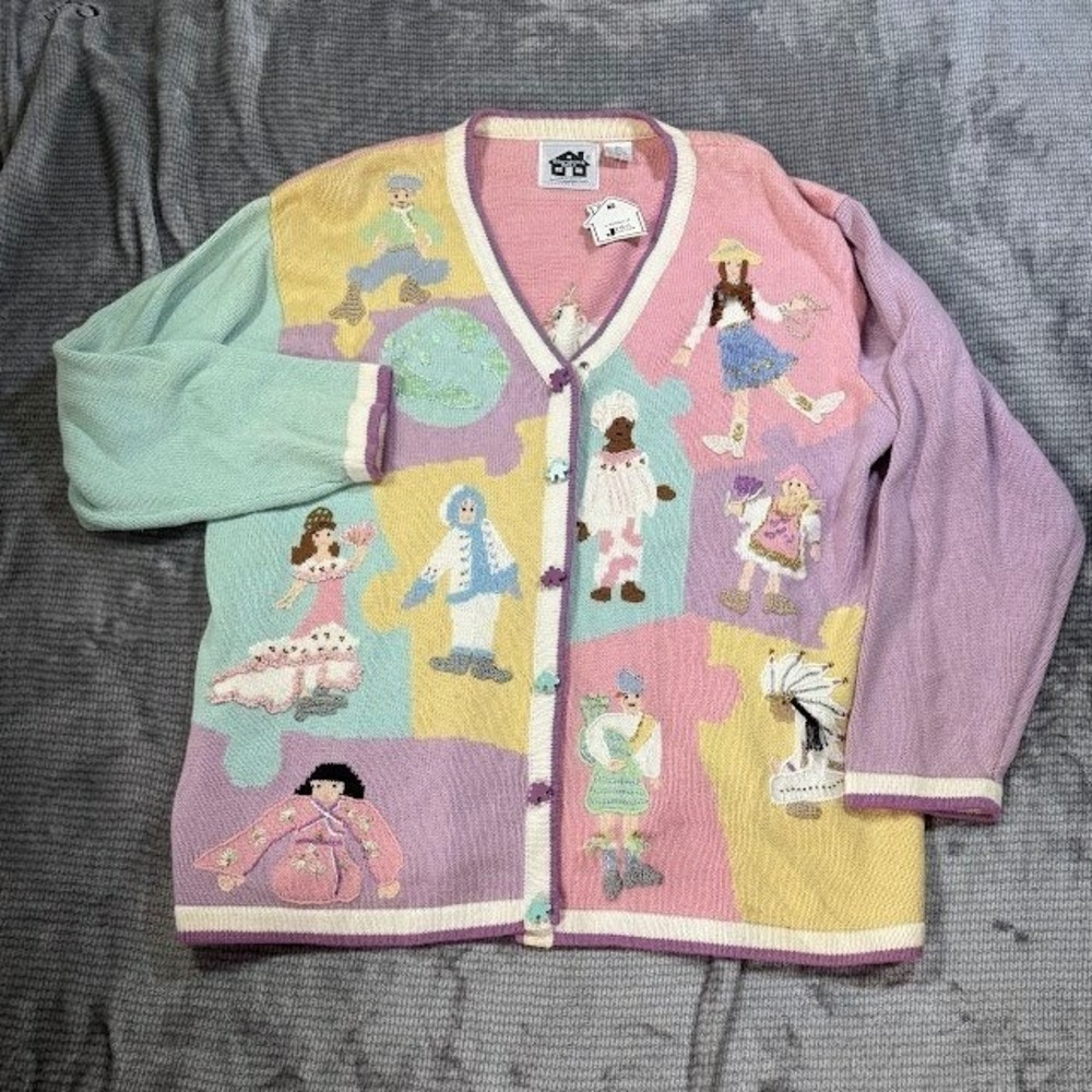 Storybook Knits Vintage Small World Puzzle Cardigan Sweater Pastel 2X NWT 90s